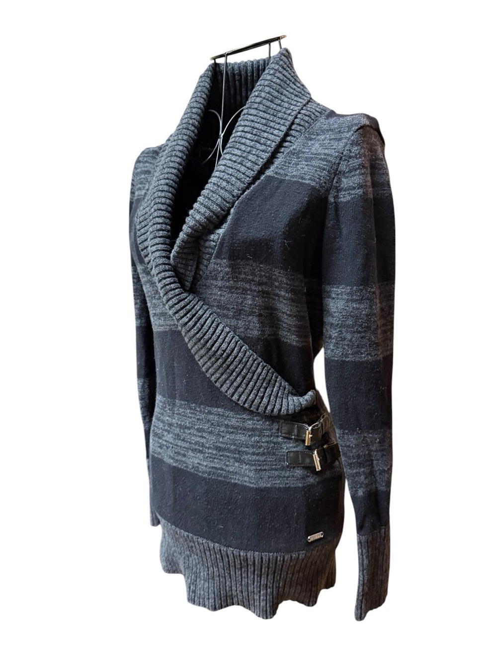 Guess Striped Shawl Collar Knit Sweater Side Buckles - Black & Gray Small